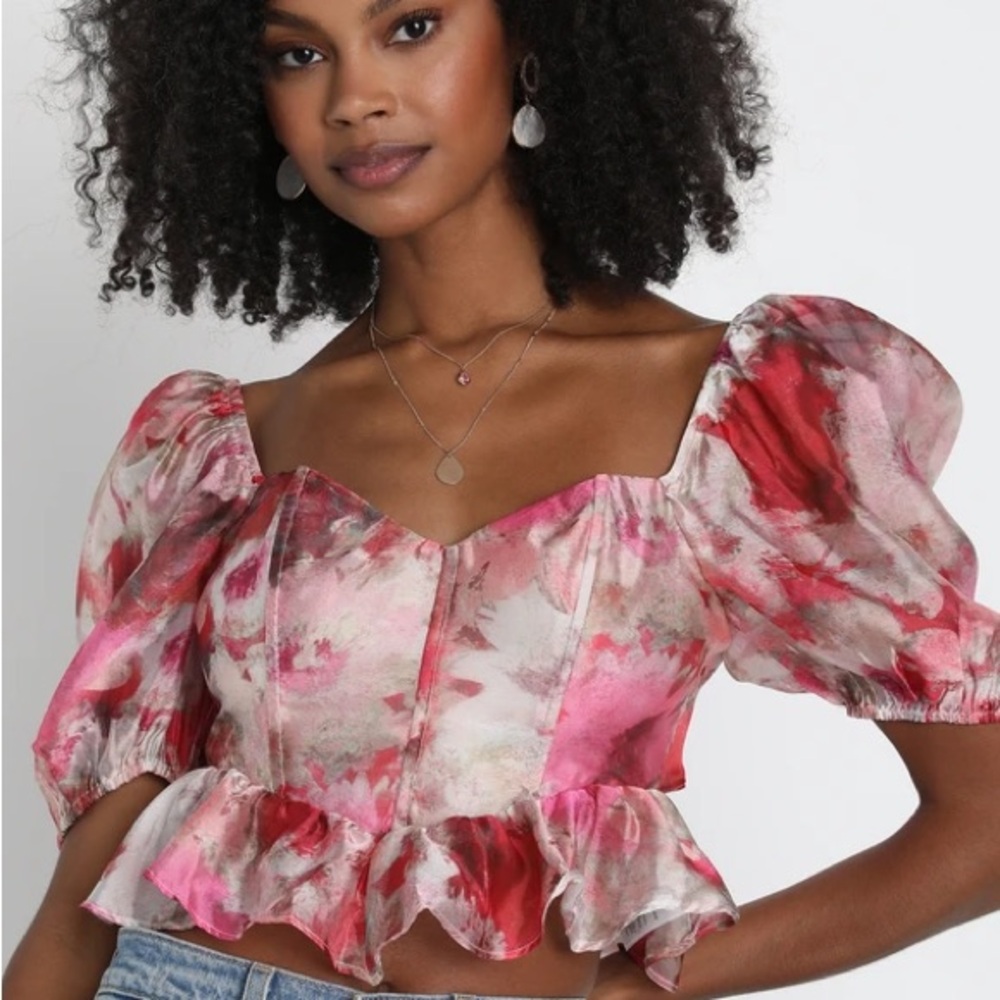 Storia Medium Pink & Red Floral Corset Bodice Ruffle Ethereal Coquette Top